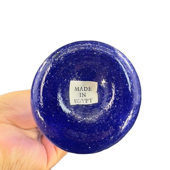 1980s Egyptian Art Glass Vase Cobalt Blue Bubbles All Over Hand Blown W Sticker - Picture 4 of 13